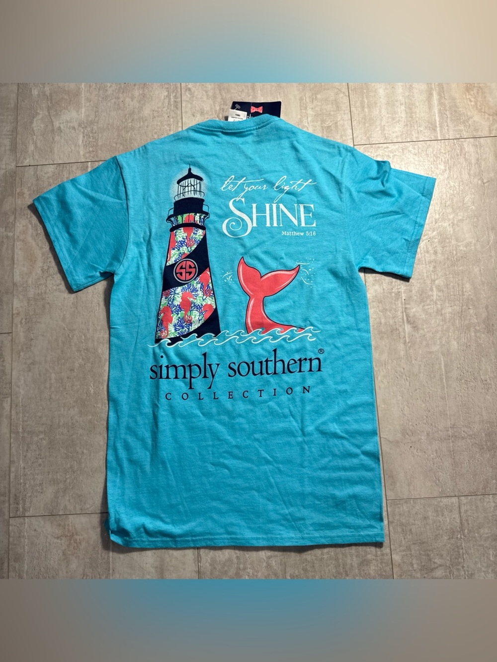 NWT Simply Southern Turquoise Lighthouse & Whale Tail Graphic Tee Womens S